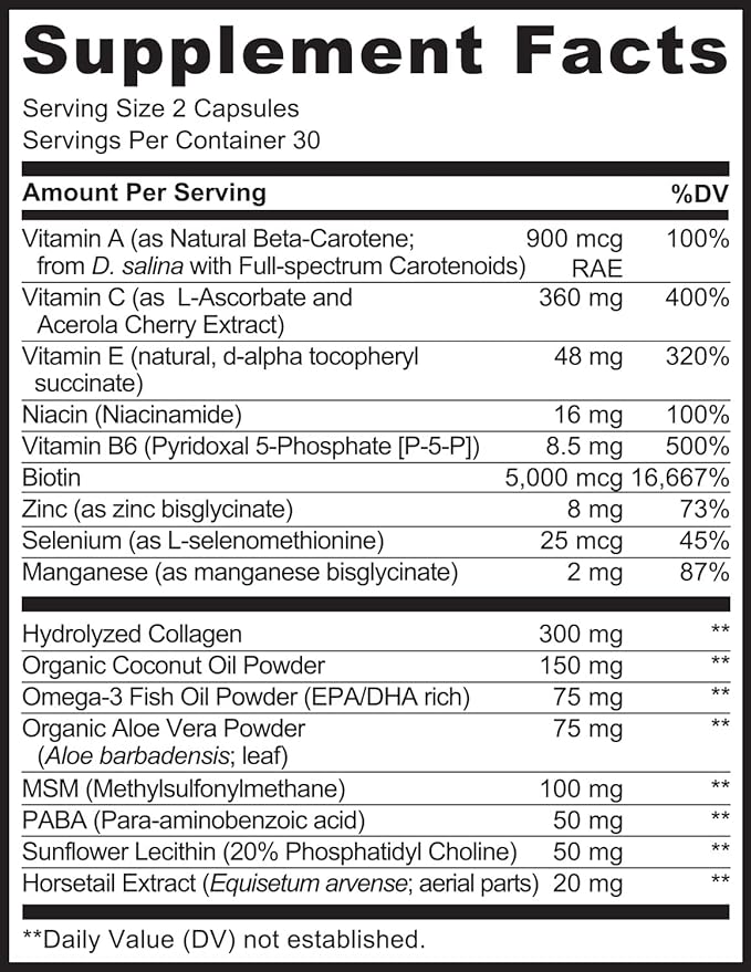 NATURELO Hair, Skin and Nails Vitamins - 5000 mcg Biotin, Collagen, Natural Vitamin E - Supplement for Healthy Skin, Hair Growth for Women and Men – 60 Capsules