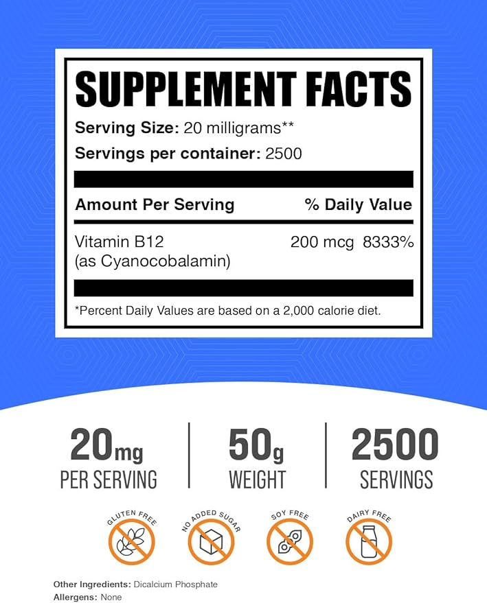 BulkSupplements.com Vitamin B12 Powder - as Cyanocobalamin, Vitamin B Supplement, Vitamin B12 200 mcg - Essential Vitamin, Gluten Free, 20mg per Serving, 50g (1.8 oz) (Pack of 1)