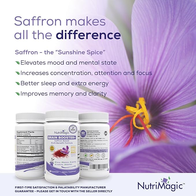 Kids Brain Booster 2IN1 Saffron Extract Nootropic & Multivitamin for Focus, Memory, Attention, Mood - Pure Saffron Gummies for Brain Health Support w/Vitamin D3, B6, B12, Zinc - 60 Gummies