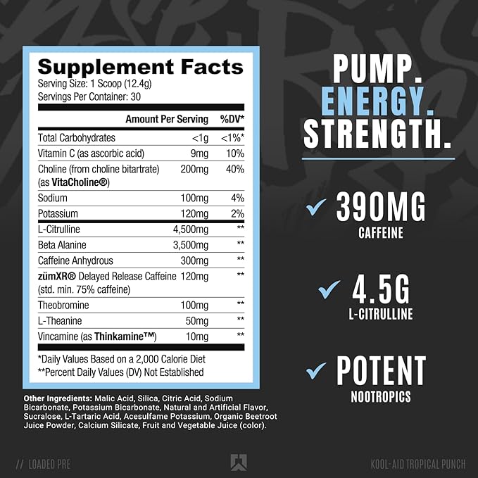 Ryse Loaded Pre Workout Powder Supplement for Men & Women | Pumps, Energy, Focus | Beta Alanine + Citrulline | 325mg Caffeine | 30 Servings (Tropical Punch)