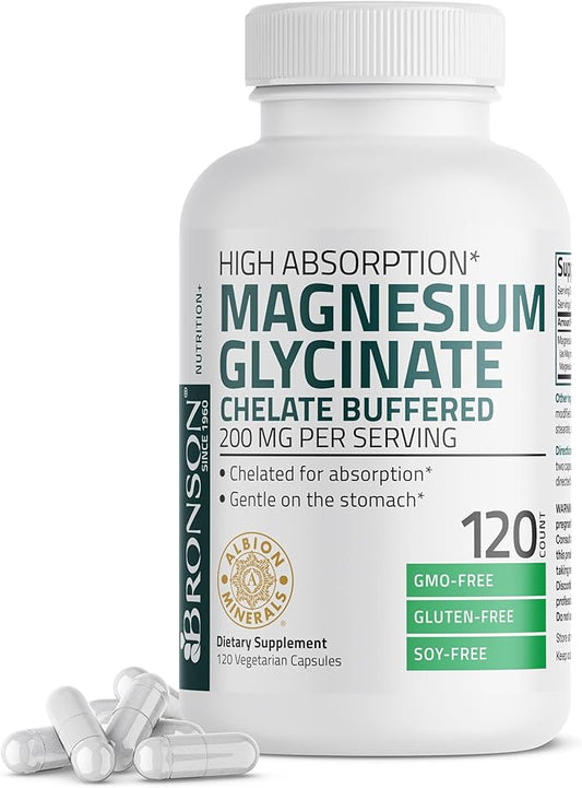Bronson Magnesium Glycinate 200 MG per Serving Chelated for High Absorption, Gentle On Stomach, Non-GMO, 120 Vegetarian Capsules