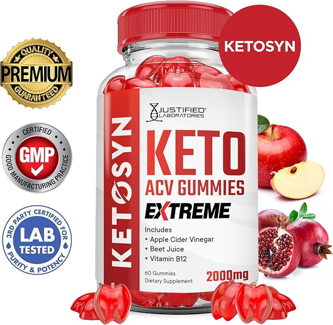 Ketosyn Keto ACV Gummies Extreme 2000MG Ketosyn Keto Gummies Apple Cider Vinegar Formulated with Pomegranate Beet Juice Powder B12 Vegan Non GMO 60 Gummys