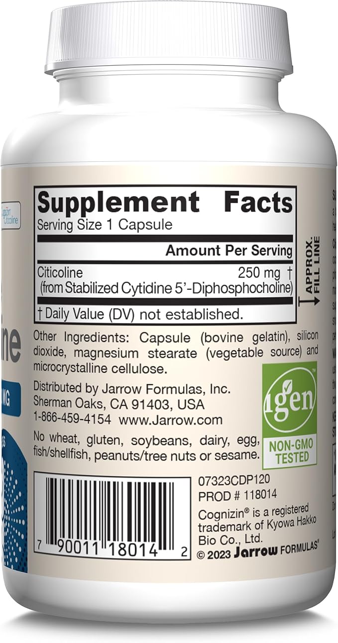 Jarrow Formulas Citicoline CDP Choline 250 MG, CDP Choline Supplement Supports Brain Health, Performance and Memory, 120 Capsules, Up to a 120 Day Supply