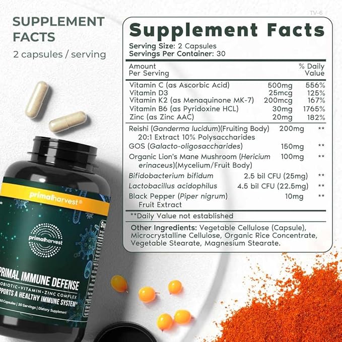 Primal Harvest Primal Immune Defense 10-in-1 Immune Defense Supplement: with 7 Billion CFU Probiotics, Zinc, Vitamins C, B6, D3, K2 - Immune Boosters for Adults 60 Capsules (1 Pack)