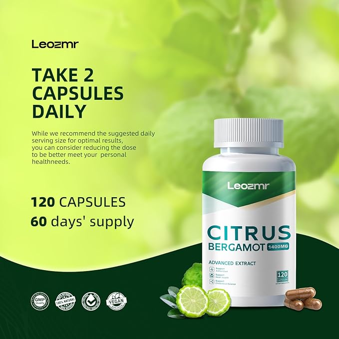 Organic Citrus Bergamot 1400mg, 120 Capsules - 25:1 Citrus Bergamia - Essential Oil and Citrus Bioflavonoids - Natural Heart Health Supplements for Women and Men - Non-GMO Pills