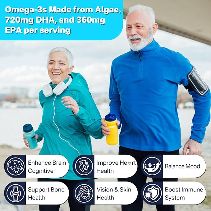 Vegan Omega-3 Algae Oil + DHA 720mg & EPA 360mg, Methyl B9, B12, Vitamin B6 & E, Plant-Based Fish Oil Alternative Omega 3 Supplement, for Brain, Eye, Energy, Immunity, Carrageenan Free, 120 Softgels