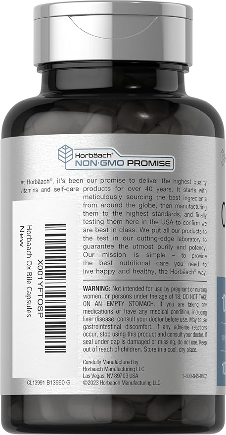 Horbäach Ox Bile Supplement | 1000mg | 100 Capsules | Digestive Enzymes Supplement | Non-GMO & Gluten Free