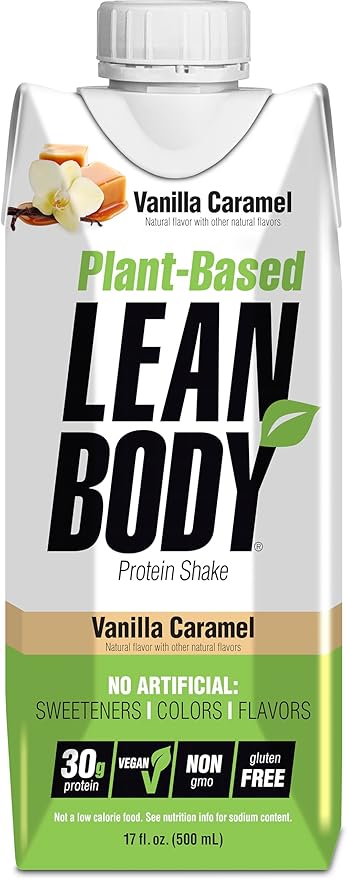Lean Body Ready-to-Drink, Plant-Based Vegan Vanilla Caramel Protein Shake, 30g Protein, No Artificial Flavors, Sweeteners or Colors, Non GMO, Gluten Free, Premium Pea & Rice Blend (Pack of 12)