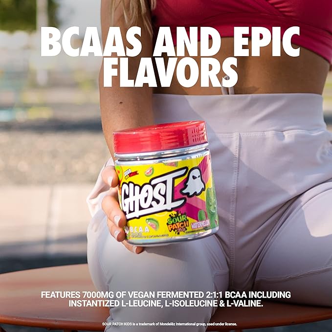 GHOST BCAA Powder Amino Acids Supplement, Sour Patch Kids Watermelon - 30 Servings - Sugar-Free Intra, Post & Pre Workout Amino Powder & Recovery Drink, 7G BCAA
