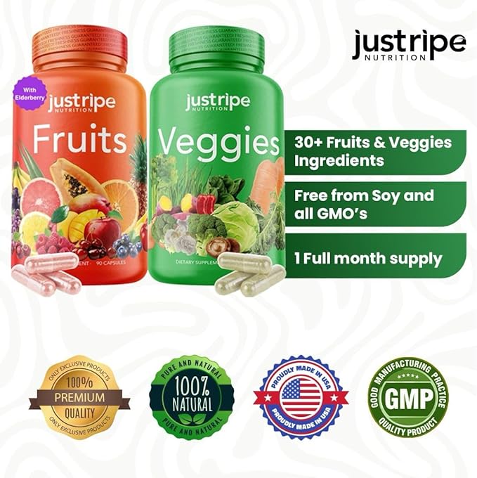 Fruits and Veggies Supplement - 90 Fruit and 90 Vegetable Capsules - 100% Whole Natural Superfood - Filled with Vitamins and Minerals - Supports Energy Levels (1 Pack)