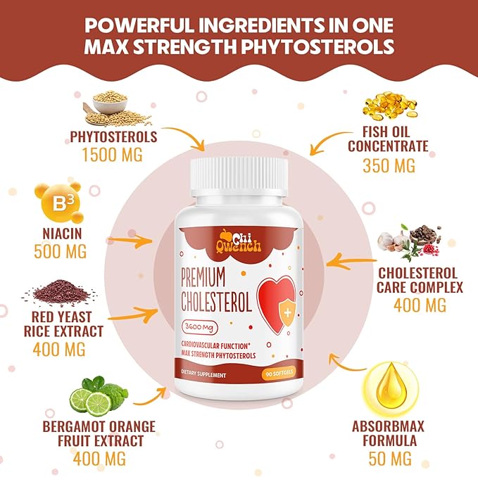 3600 MG Cholesterol Supplements with Plant Sterols, Niacin, Red Yeast Rice, Citrus Bergamot, Garlic, Cholesterol Supplement Support Normal Cholesterol Levels, 180 Softgels