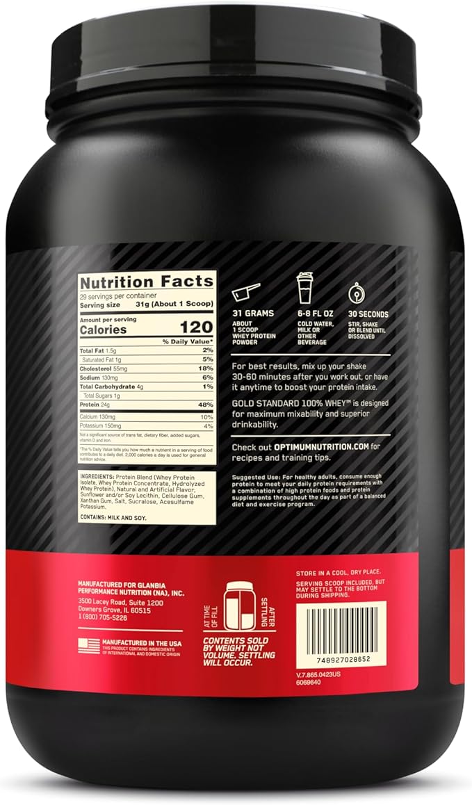Optimum Nutrition Gold Standard 100% Whey Protein Powder, Vanilla Ice Cream, 2 Pound (Packaging May Vary)