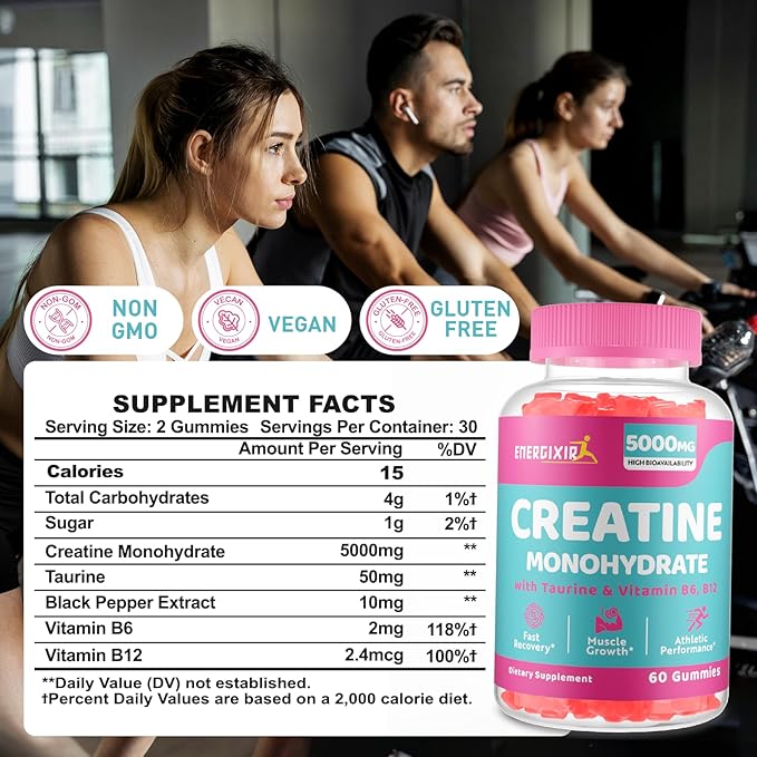 Creatine Monohydrate Gummies 5000mg for Men & Women, Creatine Pre Workout Chewables Supplement with Taurine & B6 - for Muscle, Recovery, Strength, Energy & Endurance and Performance, Vegan - 180 Count