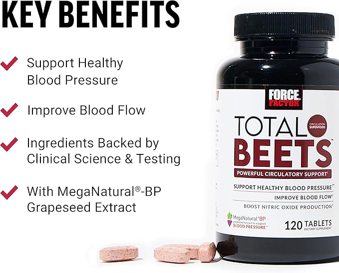 Force Factor Total Beets Blood Pressure Support with Grape Seed Extract and Non GMO Beet Root Powder for Heart Health, Circulation, & Blood Flow, 120 Count