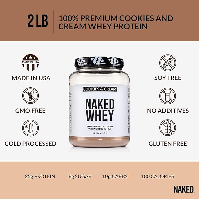 Naked Whey Cookies and Cream Protein Powder - Grass Fed Whey Protein Powder, Non-GMO, No Soy, and Gluten Free - 24 Servings