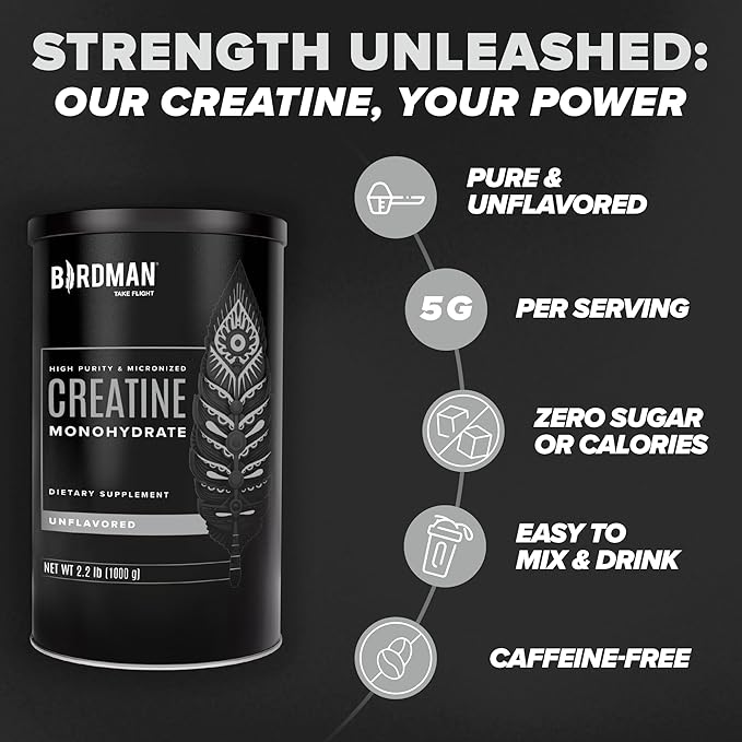 BIRDMAN Micronized Creatine Monohydrate Powder, Muscle Recovery, Caffeine Free, Creatine Pre Workout, Vegan, Post Workout, Gluten Free, Sugar Free | 200 Servings (5 Grams Each) | 2.2lb.