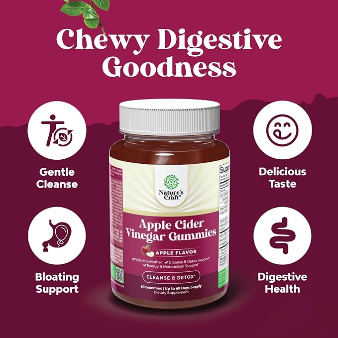 Apple Cider Vinegar ACV Gummies - Gut Health & Natural Energy Supplement with Vitamin B6 B12 Beet Root and Pomegranate - Apple Cider Vinegar with Mother Body Cleanse Detox for Women & Men 60 Servings