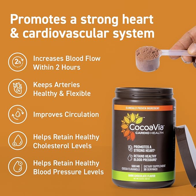 CocoaVia Cardio Health Cocoa Powder, 60 Servings, 500mg Cocoa Flavanols, Support Heart Health, Boost Nitric Oxide, Improve Circulation, Energy, Preworkout, Vegan, Dark Chocolate Cacao