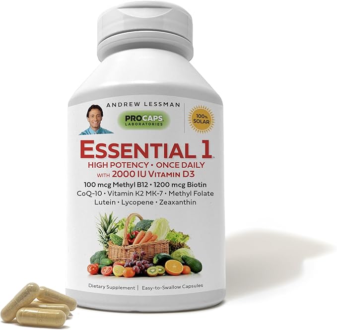 ANDREW LESSMAN Essential-1 Multivitamin 2000 IU Vitamin D3 60 Small Capsules – 100 mcg Methyl B12. CoQ10 Lutein Lycopene Zeaxanthin. High Potency. No Additives. Gentle Ultra-Mild. One Daily Capsule