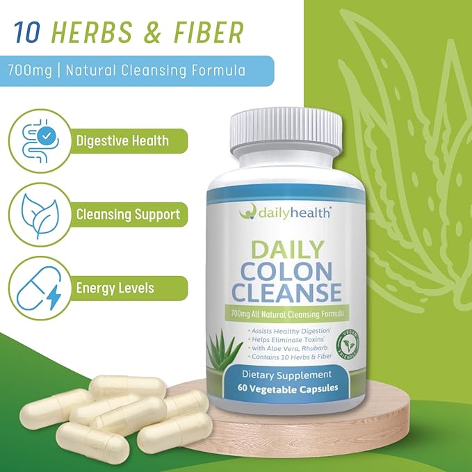 Daily Colon Cleanse 700mg All Natural 10 Herbs, Vegan Friendly 180 Capsules Fiber, Alfalfa, Aloe Vera, Rhubarb, Gentian, Buckthorn, Goldenseal, Lactobacillus acidophilus