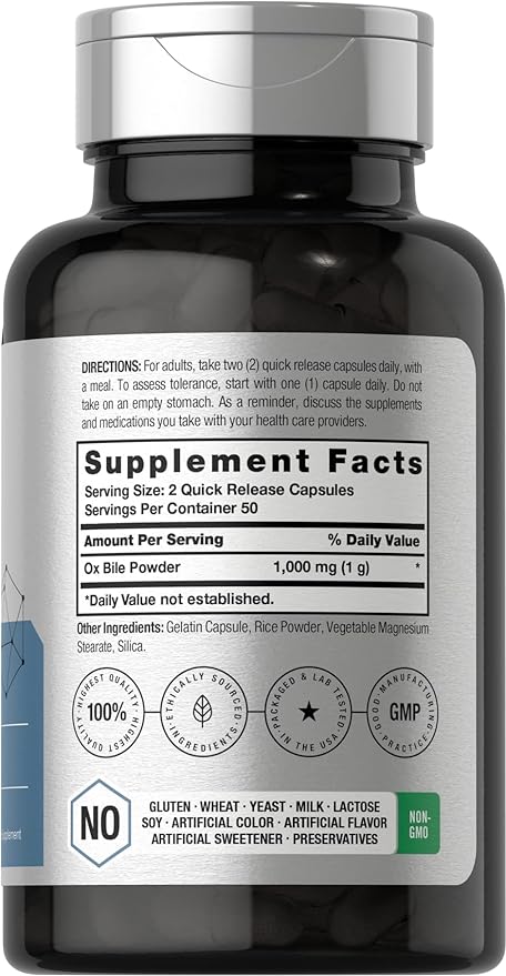Horbäach Ox Bile Supplement | 1000mg | 100 Capsules | Digestive Enzymes Supplement | Non-GMO & Gluten Free