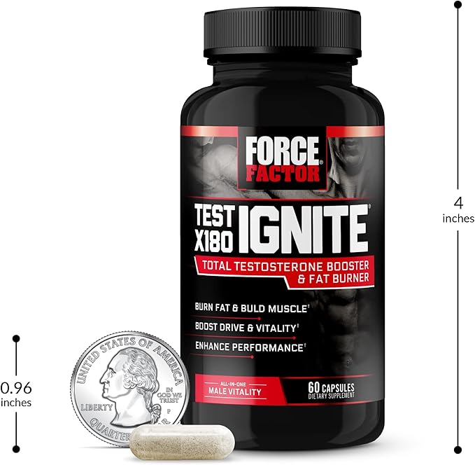 Force Factor Test X180 Ignite Testosterone Booster for Men, Testosterone Support Supplement to Help Burn Fat, Boost Vitality, and Increase Energy, 60 Capsules