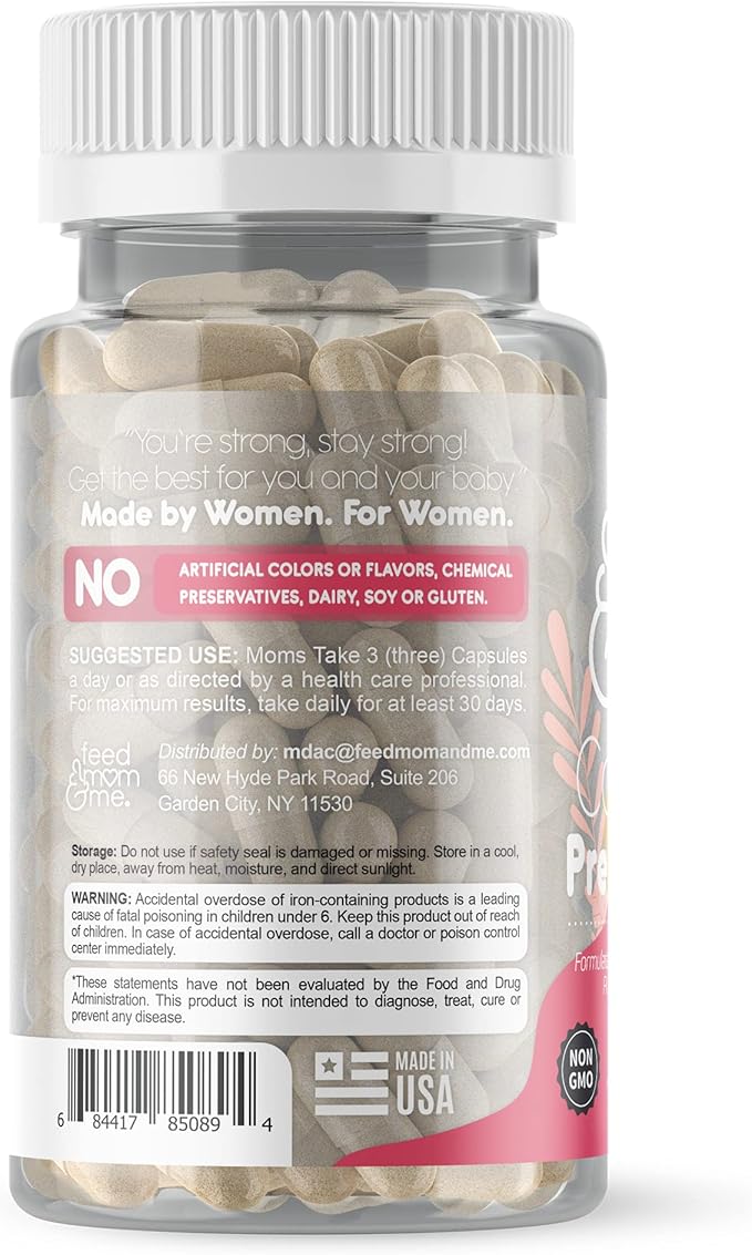 Feed Mom & Me Prenatal Vitamin + DHA, 22 Vitamins & Minerals for Baby’s Development & Mom Nourishment: Folate, Selenium, Iron, Choline, Vitamin C, D3, Calcium, Gluten & Soy Free, NON-GMO 30 Day Supply