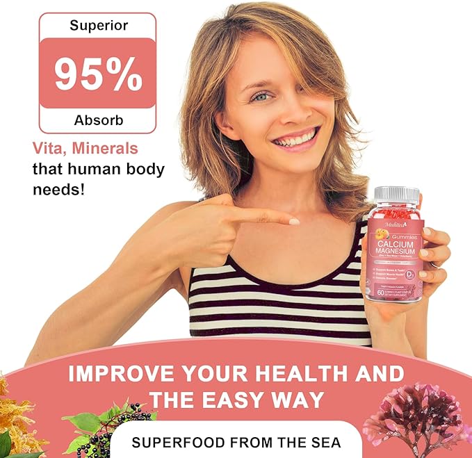 1200mg Calcium Gummies with D3,K2,Zinc - Plant Complex Calcium Magnesium Supplement with Glycinate,Potassium,Vitamin C &Whole Natural Food for Bone & Immune Support- 120 Chewable Gummy Sugar-Free