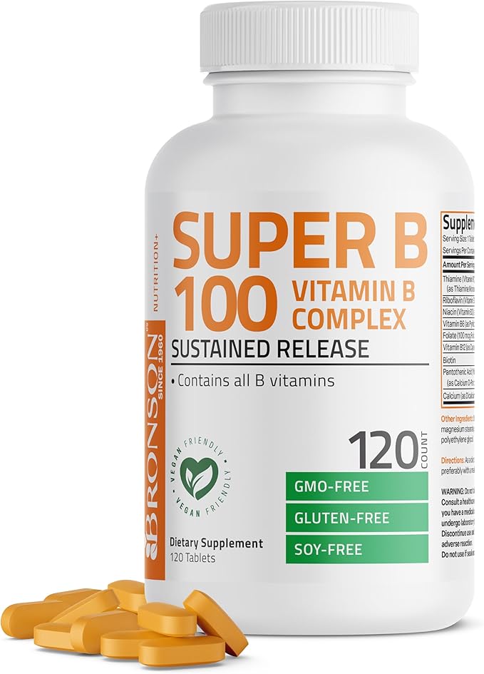 Bronson Vitamin B 100 Complex High Potency Sustained Release (Vitamin B1, B2, B3, B6, B9 - Folic Acid, B12), 120 Tablets