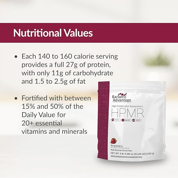 Bariatric Advantage High Protein Meal Replacement Drink Mix, Protein Powder Whey Isolate for Gastric Bypass and Sleeve Gastrectomy Patients, 27g Protein, Lactose Free - Strawberry - 28 Servings
