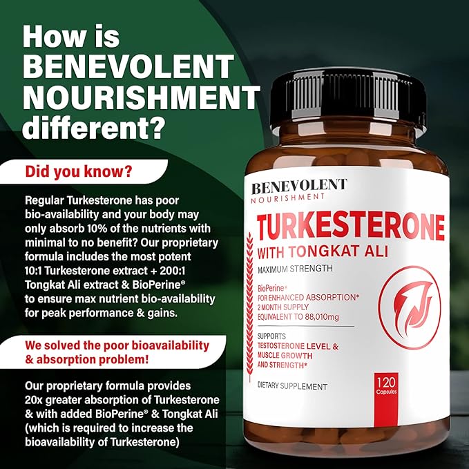 Turkesterone 8,000mg [Highest Purity] + BioPerine® for High Absorption Supplement with Tongkat Ali - Increase Stamina, Lean Muscle Growth & Recovery, Boosts Drive 3rd Party Tested 2 Months Supply