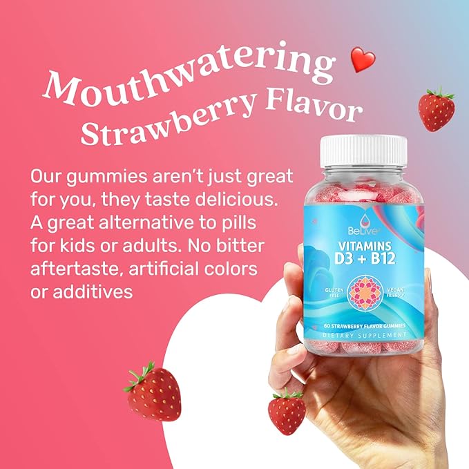 BeLive Vitamin D3 Gummies with B12 Vitamins - Immune Support Gummies with Vegan Vitamin B12 & D3, Provides Enhanced Bone & Muscle Strength, Hearth Health and Energy - Strawberry Flavor | 2-Pack