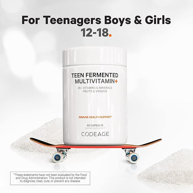 Codeage Teen’s Daily Multivitamin Supplement, 25+ Vitamins & Minerals for Teenage Boys & Girls, Organic Whole Foods Vitamins for Teenagers, Vitamin A, B, C, D, E, K, Omega-3, 60 Ct