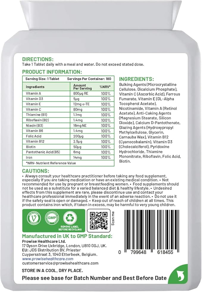 Multivitamin & Iron 180 Tablets (6 Months Dose) Immune Support - One A Day Multi-Vitamin Supplement – UK Manufactured | GMP Standards by Prowise Healthcare - Suitable for Vegetarians
