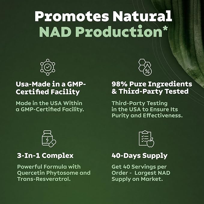 Reus Research NMN Supplement Alternative - Liposomal Nicotinamide Riboside w/Resveratrol & Quercetin - High Purity NAD Supplement for Anti-Aging, Energy, Focus - 80 Capsules