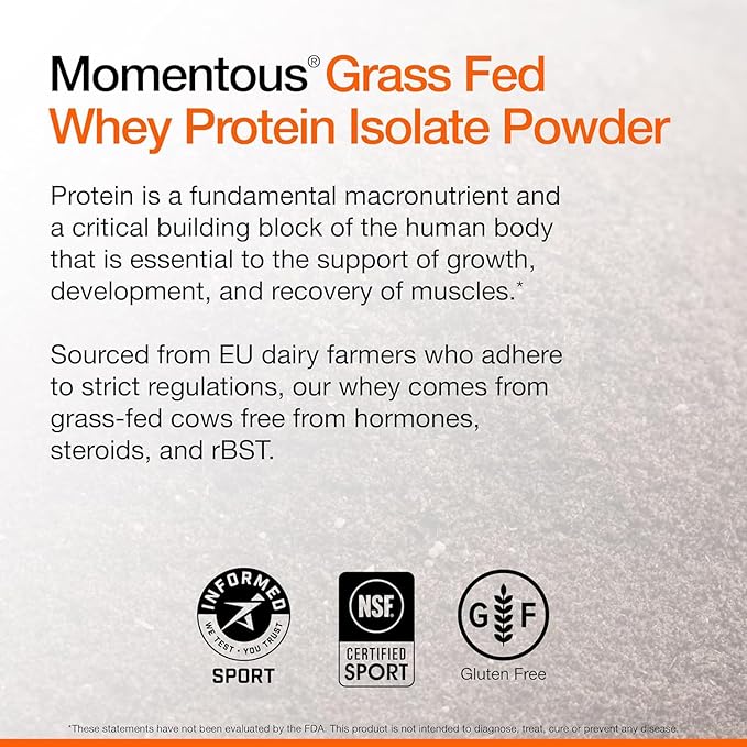 Momentous Essential Grass-Fed Whey Protein Powder - 20g Whey Isolate Protein - NSF Certified, Gluten-Free, 24 Servings for Essential Everyday Use, Chocolate (Package May Vary)