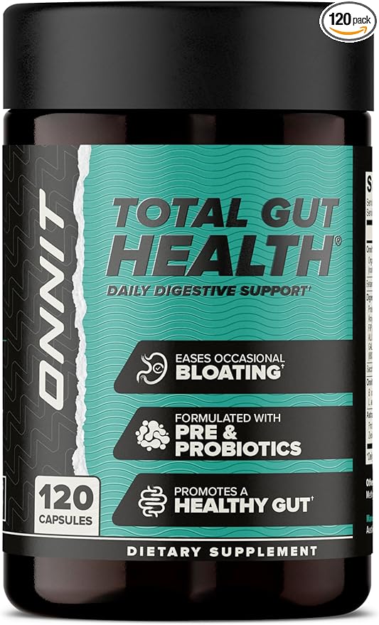ONNIT Total Gut Health - Complete Daily Probiotics & Digestive Enzyme Supplement for Women & Men - 5 Strains of Probiotics, Prebiotics, Enzymes, Betaine HCL - Capsules - (120ct)