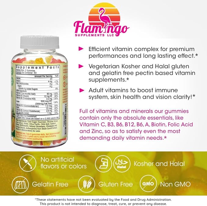Multivitamin Gummies | Vegan Friendly, Kosher Halal NO Gluten or Gelatin, no GMO| for Men, Women & Kids| 3 Natural Flavors | Vitamins C, B3, B12, Biotin, Zinc & More| 100 Gummies