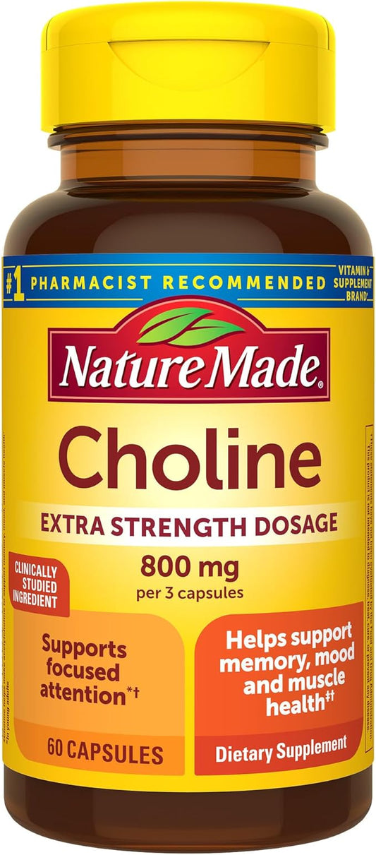 Nature Made Extra Strength Dosage Choline Supplements 800 Mg Per 3 Capsules, Brain Health, Mood, Muscle & Liver Support, Vegetarian, 60 Capsules, 20 Day Supply
