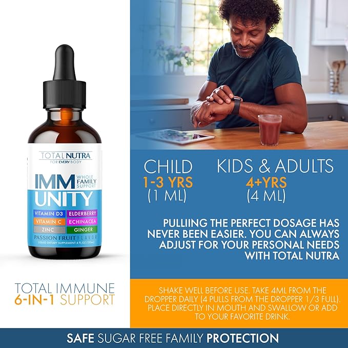 Total Immune 6-in-1 Liquid Multivitamin Supplement | 100% Daily Zinc, Vitamin D3, Vitamin C Immunity Drops Vitamin Liquid | Elderberry, Echinacea, Ginger Support for Adults & Kids | 4 oz Passion Fruit