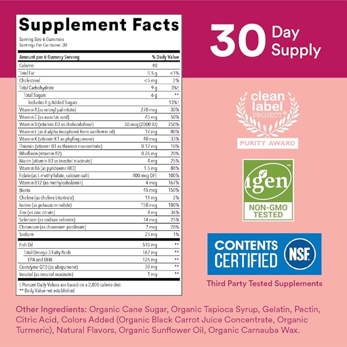 SmartyPants Women's Multivitamin Gummies: Omega 3 Fish Oil (EPA/DHA), Methylfolate, CoQ10, Vitamin D3, C, Vitamin B12, B6, Vitamin A, K & Zinc, Gluten Free, 180 Count (30 Day Supply)