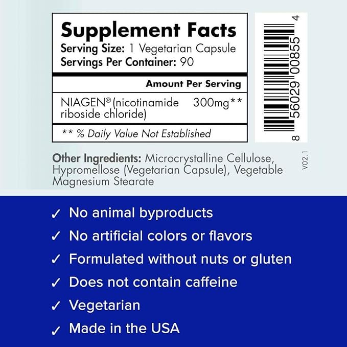 TRU NIAGEN Patented NAD+ Supplement for Anti Aging and Cell Regeneration, 300 mg Niagen, 90 Servings | Supports Cellular Energy, Brain, Muscle | Nicotinamide Riboside (NR) Take 1 Daily | 1 Bottle
