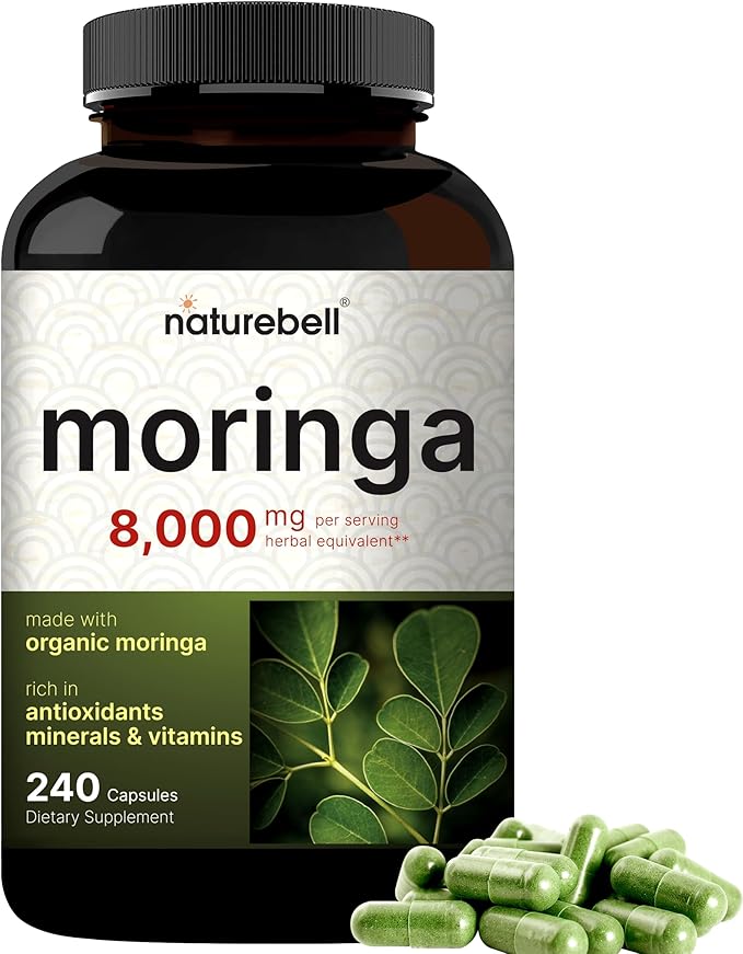 NatureBell Moringa Capsules 8000mg Per Serving, 240 Capsules | 4 Month Supply, Made with Moringa Powder Organic | Green Superfood, Skin Health & Immune Support | Non-GMO, Gluten Free
