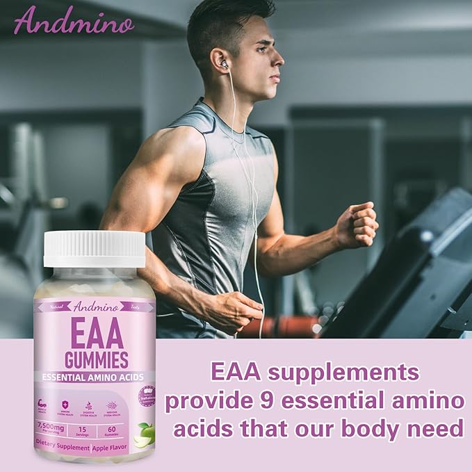 EAA Gummies 7500 mg, BCAA Gummies with Trehalose, Amino Acids Supplement for Muscle, Immune, Nervous & Digestive Health, for Adults & Kids, Non-GMO, Vegan, Gluten Free, Apple Flavor, 120