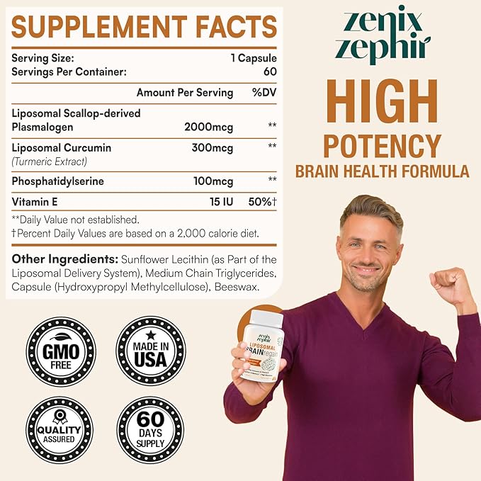 Liposomal Brain Supplements for Memory and Focus - Plasmalogen with Curcumin & Vitamin E for Better Absorption- Suitable for Seniors,Adult Men & Women Cognitive Health,High Potency 60 Servings