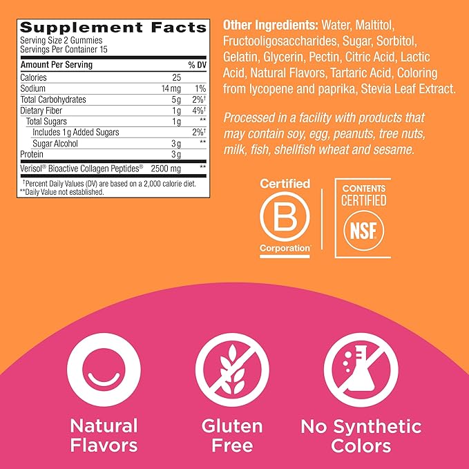 OLLY Collagen Gummy Rings, Supports Skin Elasticity and Firmness, 2.5g Collagen, Clinically-Tested, Peach, 15 Day Supply - 30 Count