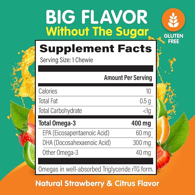Omega 3 Gummies - Ultra-High DHA Chewable Gel Gummy - Omega 3 for Kids Supports Brain & Eye Health - Sugar-Free Natural Fruit Flavor - Kids Omega 3 Fish Oil Gummies (30 Count)