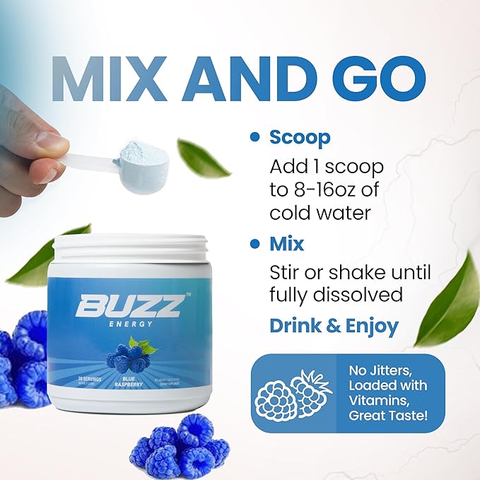 Morning Buzz Energy Drink Powder - Energy Boost Drink Mix - Sugar-Free Energy with Antioxidants - Morning Kickstart and Sports Nutrition Endurance Product - 30 Servings, Blue Raspberry, 8 Ounces
