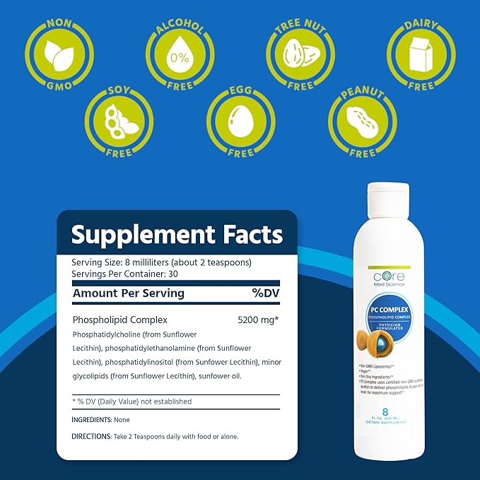 Core Med Science Phosphatidylcholine Supplement, Liposomal PC Complex (8 Fl Oz) - Lecithin Phospholipid Supplement That Supports Liver & Gut Health - Phosphatidyl Choline Liquid for Cognition Support