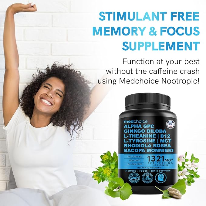 11-in-1 Nootropic Brain Supplements: Memory & Focus Supplement with Ginkgo Biloba, L Theanine, Bioperine, & Alpha GPC Choline - 1321mg, 60ct - Stimulant Free, Vegan - Focus Brain Support (3 pack)